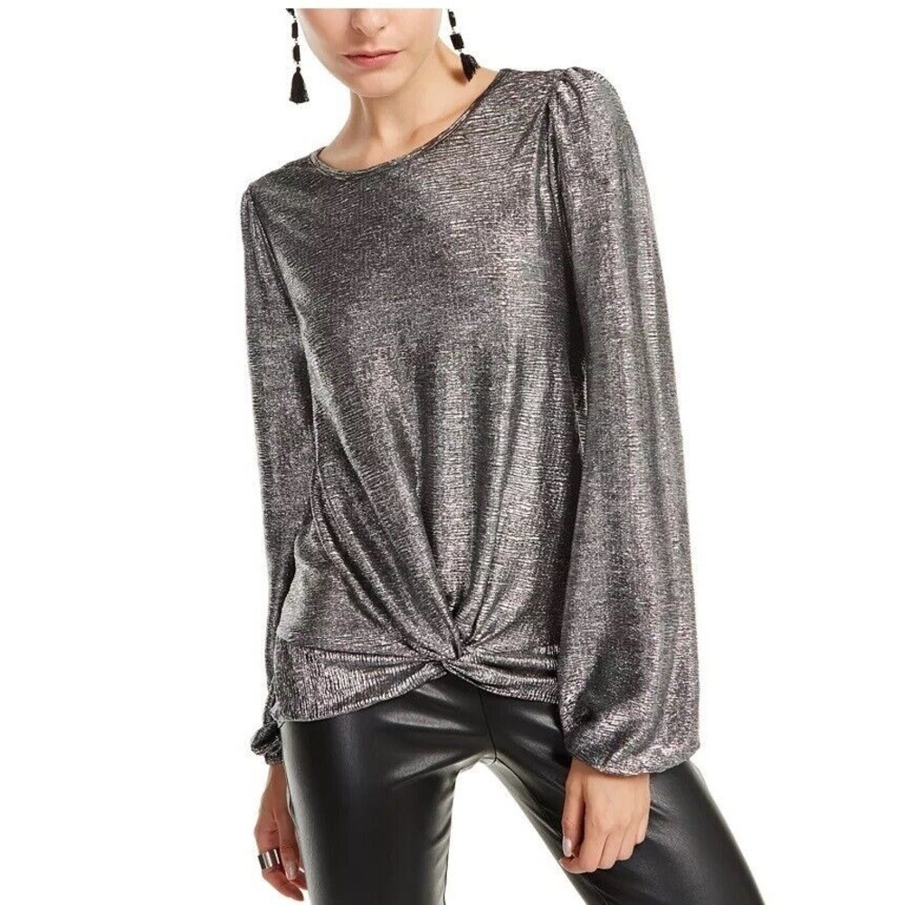 Black Silver Metallic INC Long Sleeve Twisted Hem Top